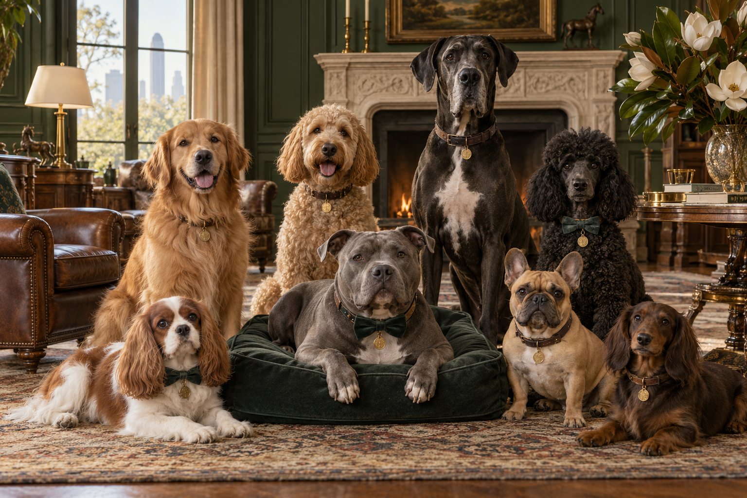 Theodore with an elegant group of dogs of many breeds