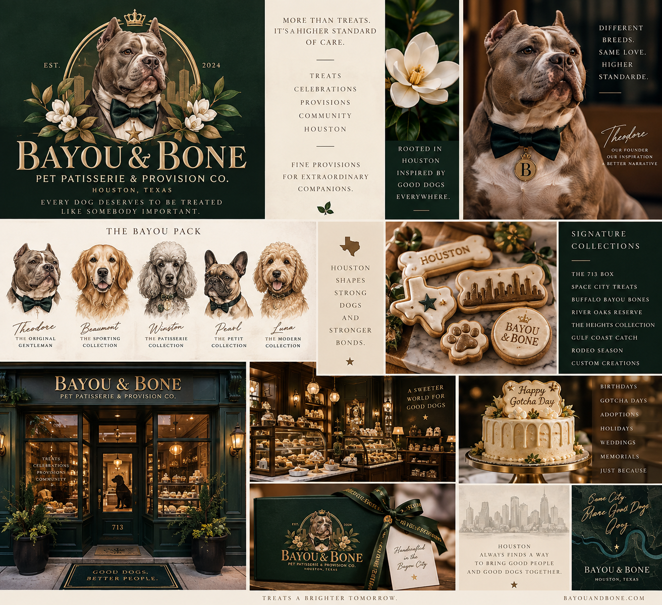 Bayou and Bone brand world featuring Theodore, the Bayou Pack, signature treats, celebrations and Houston heritage